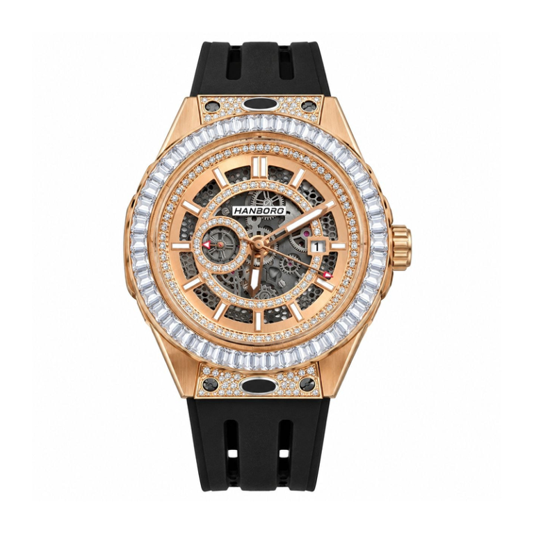 HANBORO Crystal Inlay Tonneau Series HBR-842 – Skeleton Rose Gold & Black Dial Automatic Men's Watch