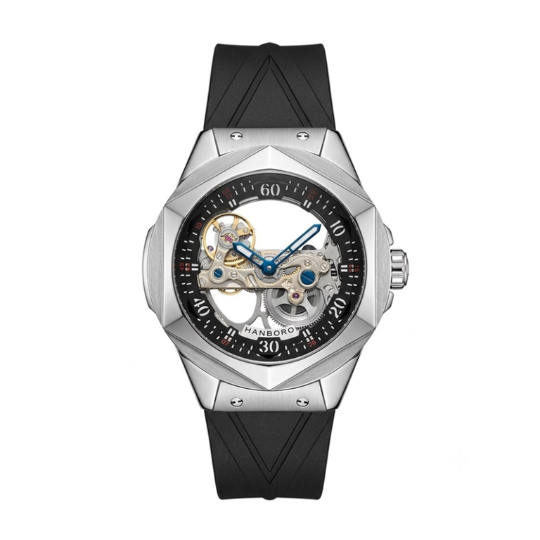 HANBORO Double-Sided Skeleton Collection HBR-701 – Black & Silver Skeleton Dial Automatic Men's Watch