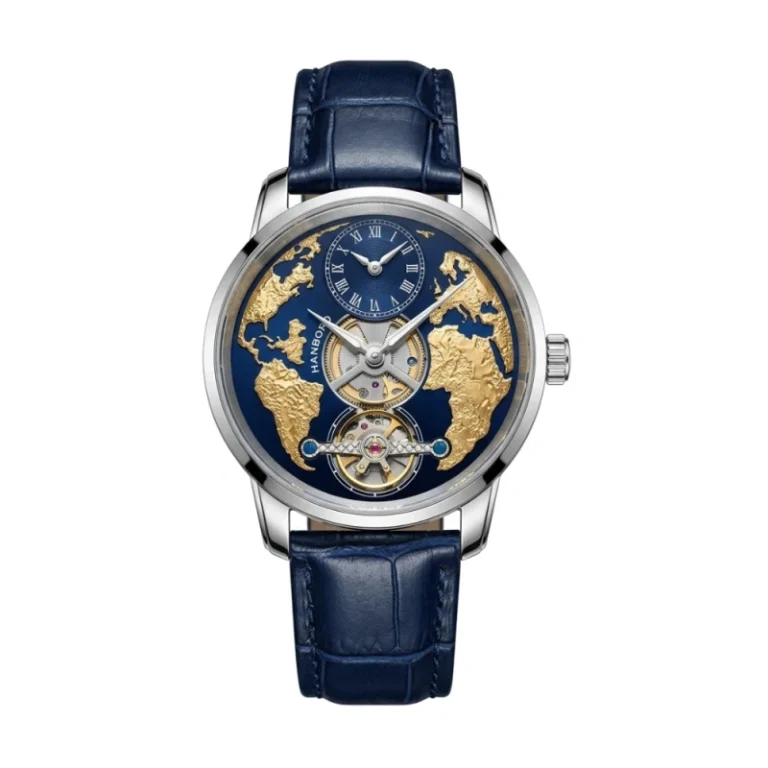 HANBORO World Time Globe Collection HAO-1026 – Ocean Blue & Gold World Map Dial Automatic Men's Watch