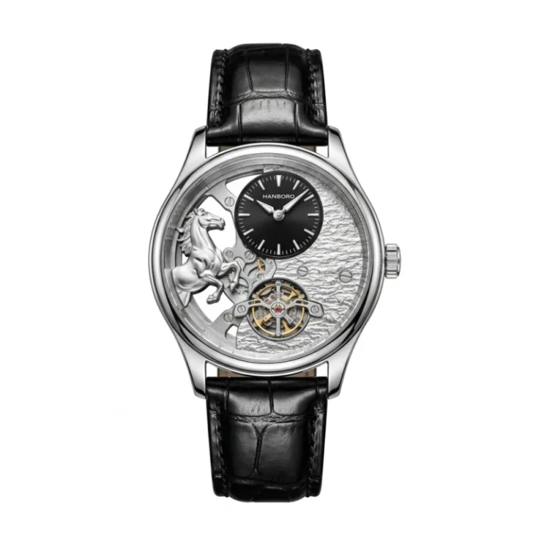 HANBORO Stallion Tourbillon Collection HAO-5002 – Silver & Textured Wave Black Dial Automatic Men's Watch