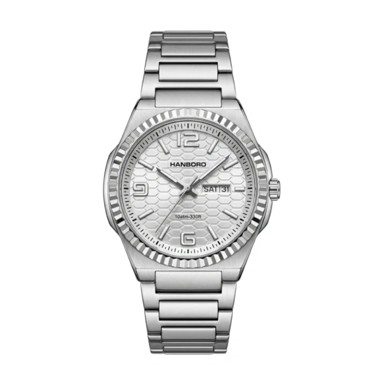 HANBORO Fluted Bezel Honeycomb Collection HAO-014-2 – Silver Honeycomb Dial Automatic Men's Watch
