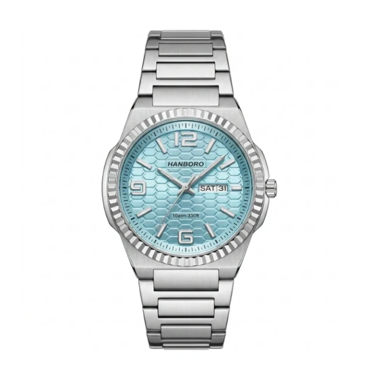 HANBORO Fluted Bezel Honeycomb Collection HAO-014-3 – Ice Blue Honeycomb Dial Automatic Men's Watch