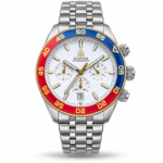 Tommy Hilfiger TH85 1792184 Chronograph Watch – White Dial, Blue-Red Bezel & Steel Bracelet