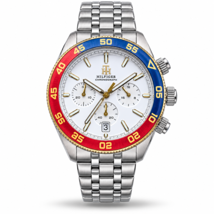 Tommy Hilfiger TH85 1792184 Chronograph Watch – White Dial, Blue-Red Bezel & Steel Bracelet