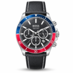 Hugo Boss Troper 1514099 Chronograph Watch – Black Dial, Blue-Red Bezel & Leather Strap