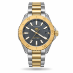 Grey ridged dial watch with gold-tone bezel and two-tone bracelet, front view
