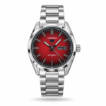 Red Dial, Day-Date Window & Silver-Tone Bracelet watch, front view