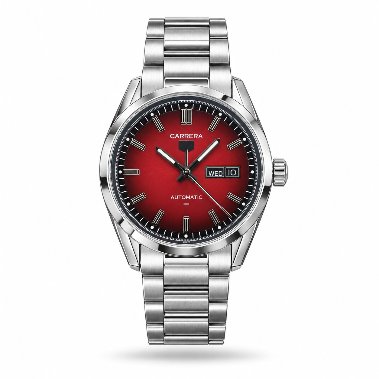 timepark-tpn0663-watch-hero Red Dial, Day-Date Window & Silver-Tone Bracelet watch, front view