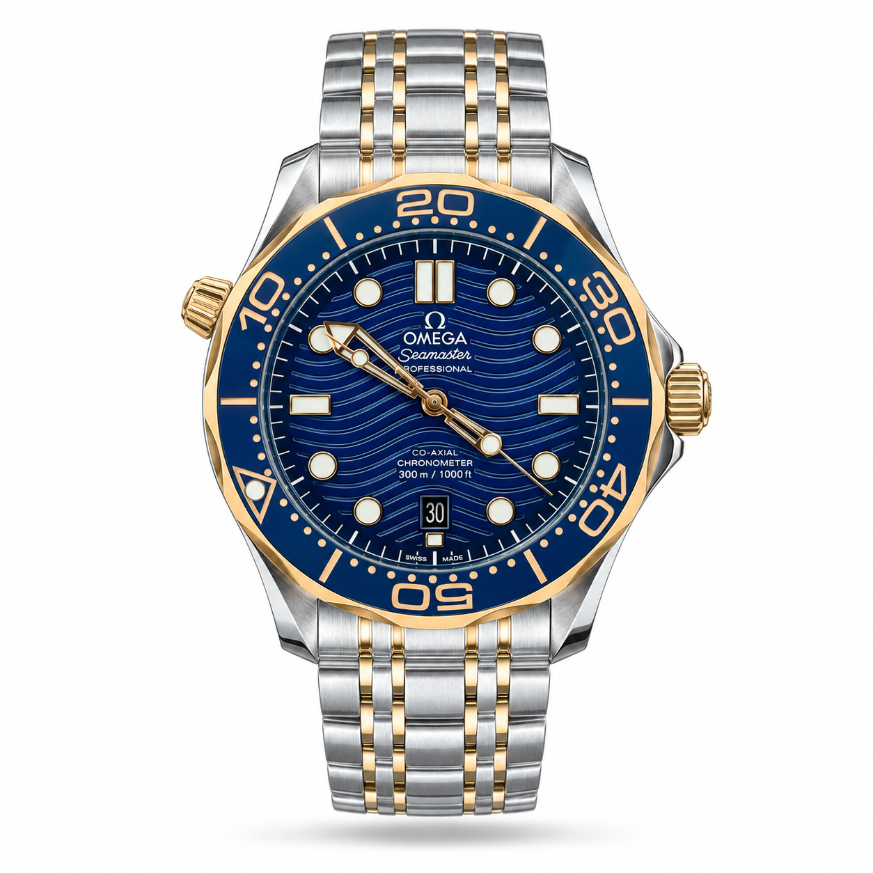 timepark-tpn0728-watch-hero Blue Wave Dial, Gold-Accented Blue Bezel & Silver-Tone Bracelet watch, front view