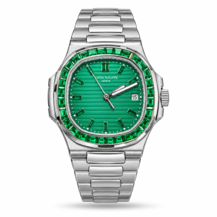 Green Dial, Green Stone-Style Bezel & Silver-Tone Bracelet watch, front view