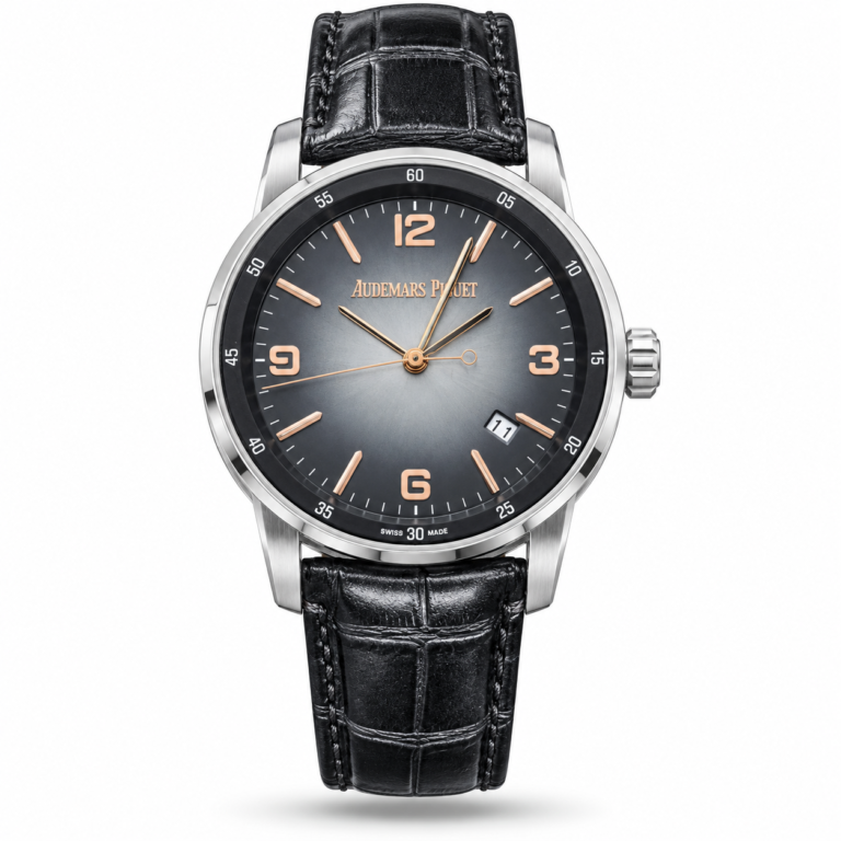 Grey Gradient Dial, Round Silver-Tone Case & Black Strap watch, front view