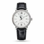 White Dial, Roman 12/6 & Black Leather Strap watch, front view