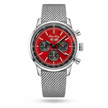 Red Subdial Face & Silver-Tone Mesh Bracelet watch, front view