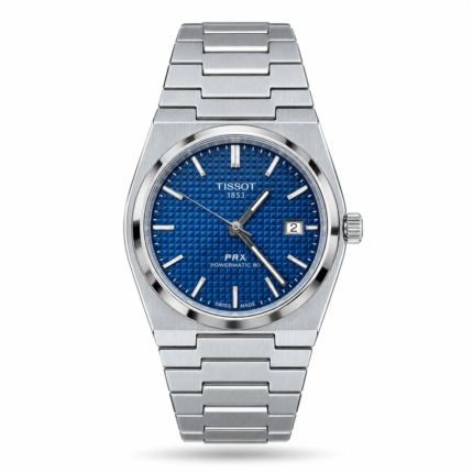 Blue Textured Dial & Silver-Tone Integrated Bracelet watch, front view