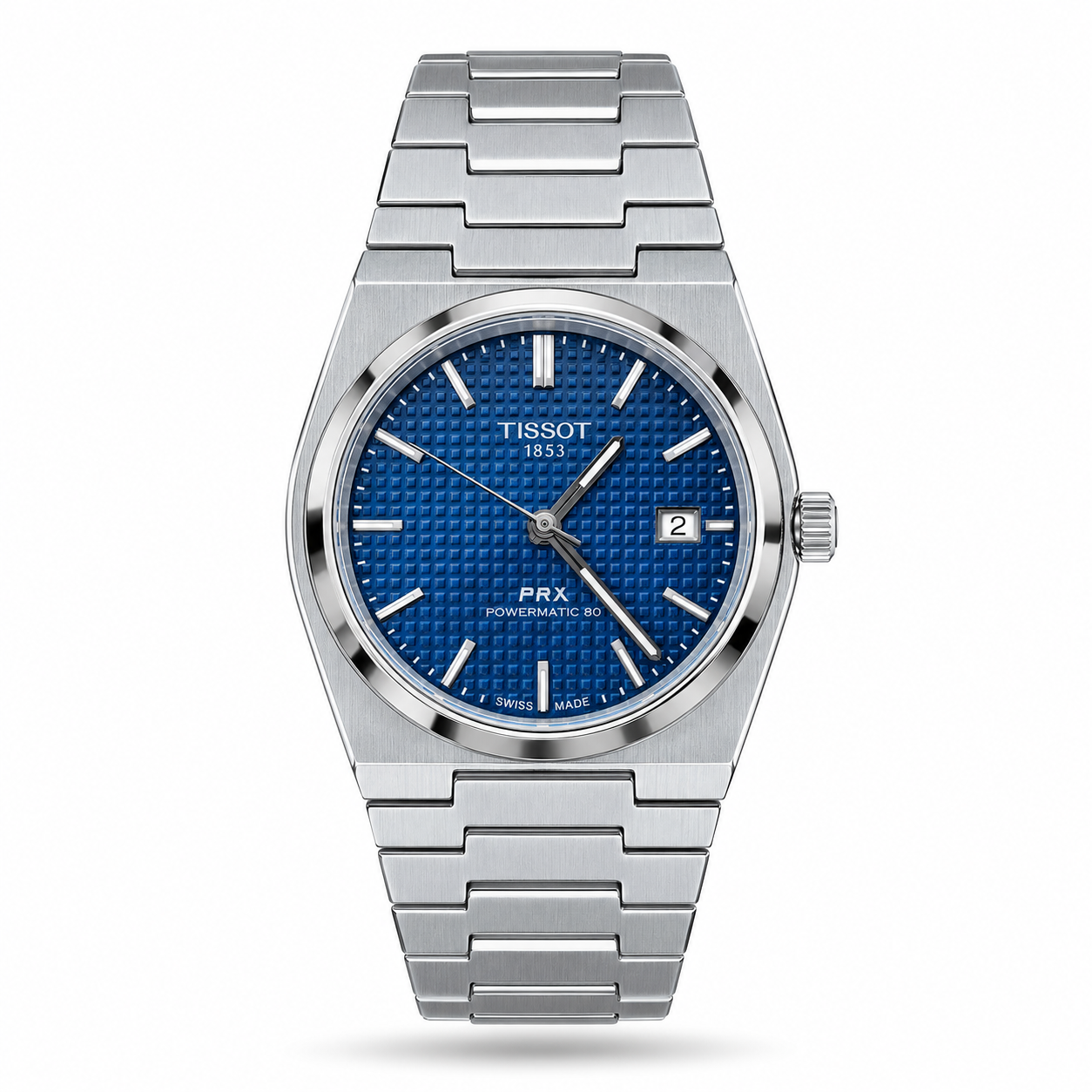 timepark-tpn12288-watch-hero Blue Textured Dial & Silver-Tone Integrated Bracelet watch, front view
