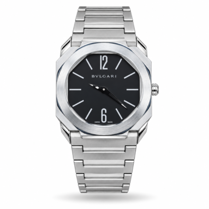 Black Dial & Silver-Tone Integrated Bracelet watch, front view