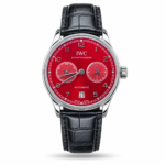 Red Dual-Subdial Face & Black Leather Strap watch, front view