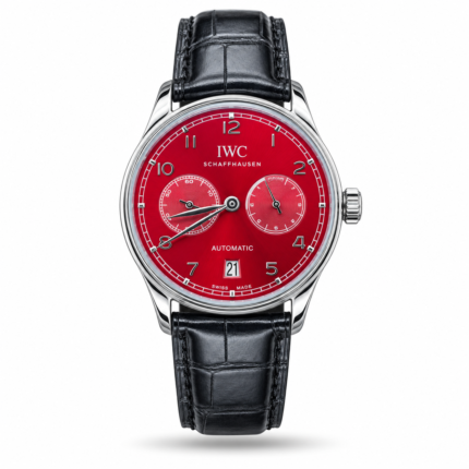 Red Dual-Subdial Face & Black Leather Strap watch, front view
