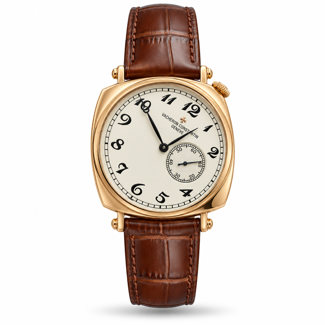 timepark-tpn135905-watch-hero White Arabic Dial, Gold-Tone Cushion Case & Brown Strap watch, front view