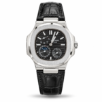 Black Subdial Face, Silver-Tone Case & Black Leather Strap watch, front view