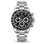Black Dial, White-Ring Subdials & Silver-Tone Bracelet watch, front view