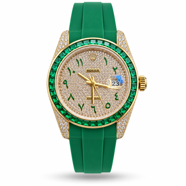 Stone-Style Dial, Green Bezel & Green Rubber Strap watch, front view