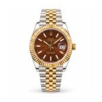 Rolex — Brown Dial, Fluted Bezel & Two-Tone Jubilee-Style Bracelet — front view on white background