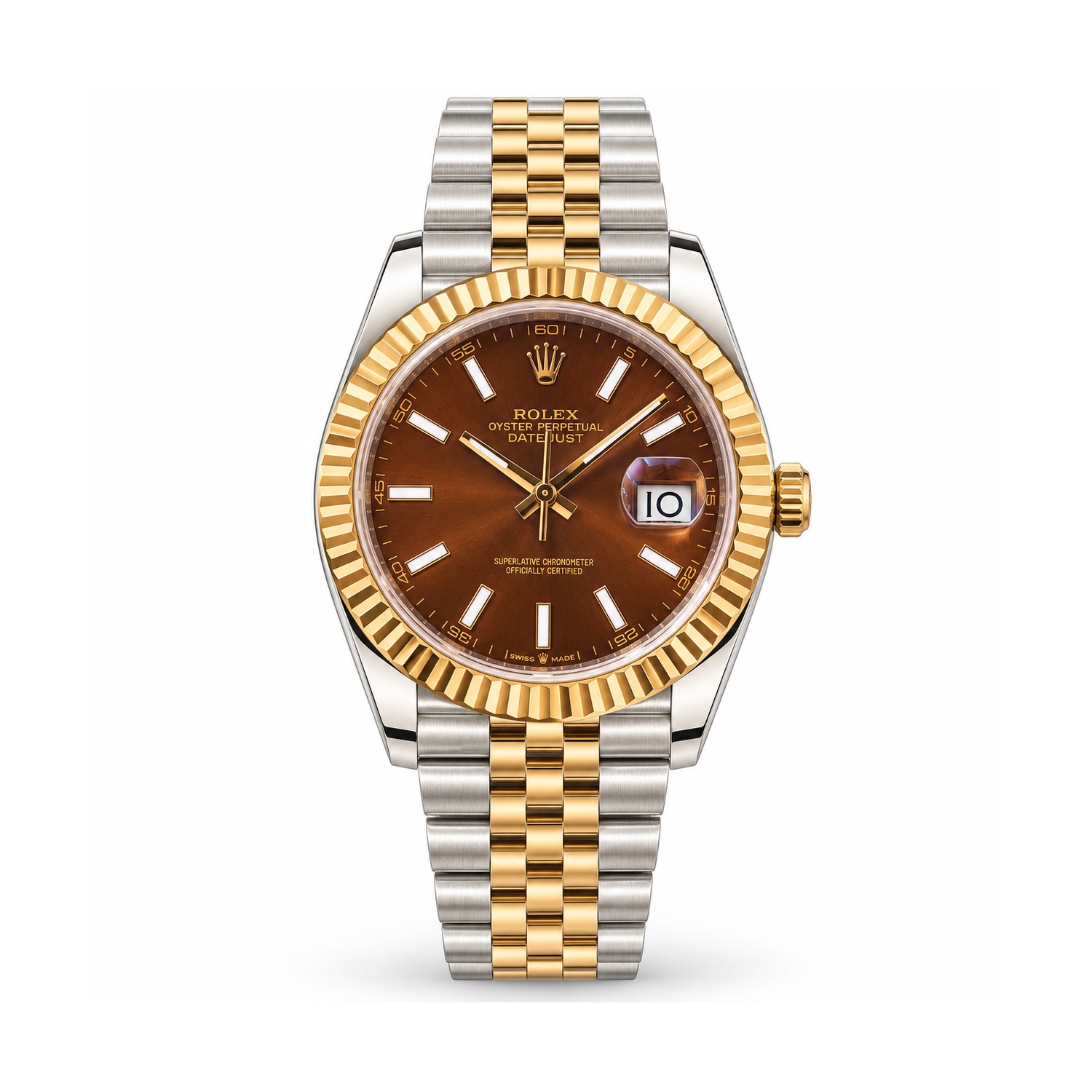 tp-b2-studio-20261022-01-rolex-brown-dial-two-tone-jubilee Rolex — Brown Dial, Fluted Bezel & Two-Tone Jubilee-Style Bracelet — front view on white background