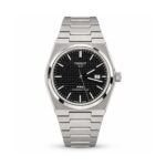 Tissot PRX — Black Textured Dial & Silver-Tone Integrated Bracelet — front view on white background
