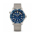 Omega — Blue Wave Dial, Blue Bezel & Mesh Bracelet — front view on white background