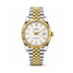 Rolex — White Baton Dial, Gold-Tone Bezel & Two-Tone Jubilee-Style Bracelet — front view on white background