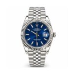 Rolex — Blue Dial, Fluted Bezel & Silver-Tone Jubilee-Style Bracelet — front view on white background