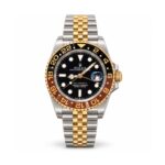 Rolex — Black Dial, Brown-Black Bezel & Two-Tone Jubilee-Style Bracelet — front view on white background