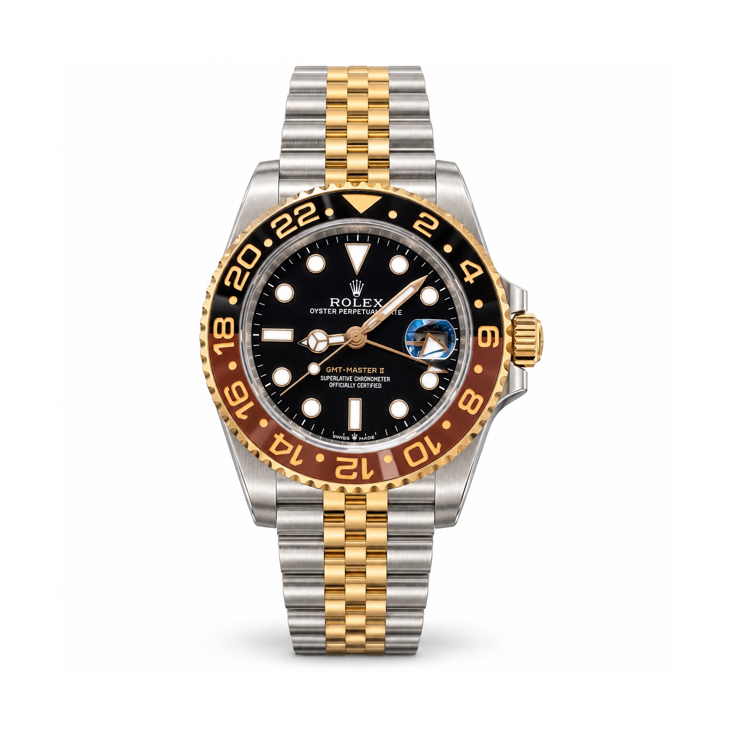 tp-b2-studio-20261022-08-rolex-root-beer-two-tone-jubilee Rolex — Black Dial, Brown-Black Bezel & Two-Tone Jubilee-Style Bracelet — front view on white background