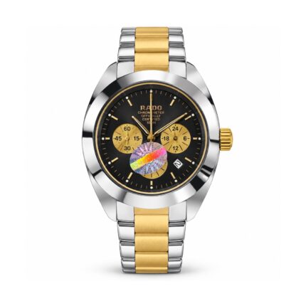 Rado — Black Dial, Gold-Tone Subdials & Two-Tone Bracelet — front view on white background