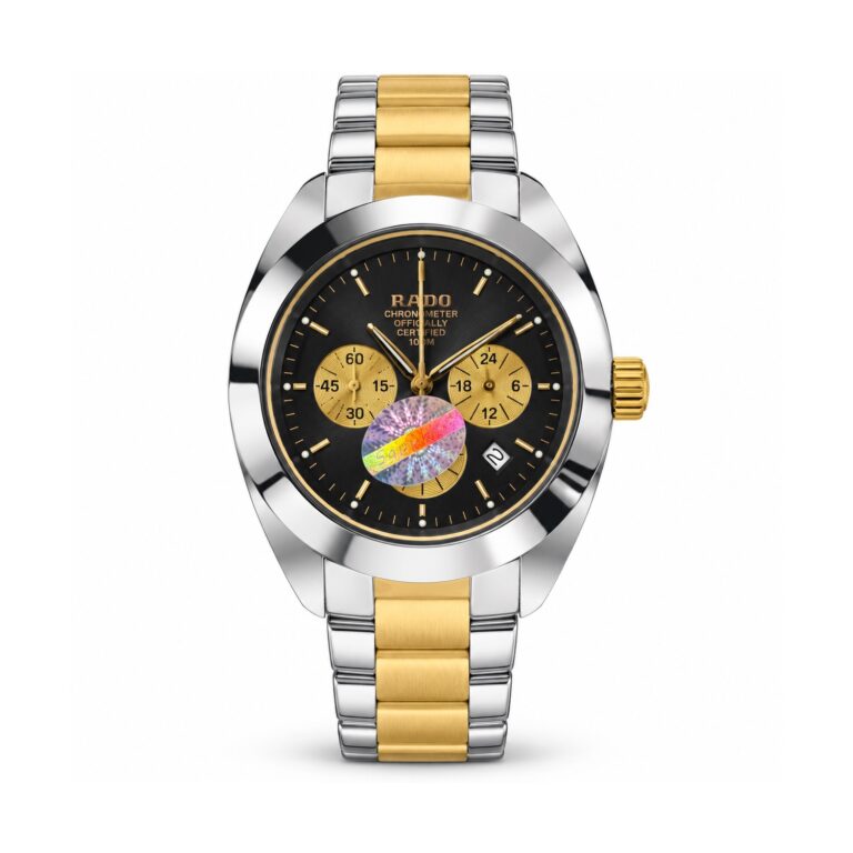 Rado — Black Dial, Gold-Tone Subdials & Two-Tone Bracelet — front view on white background