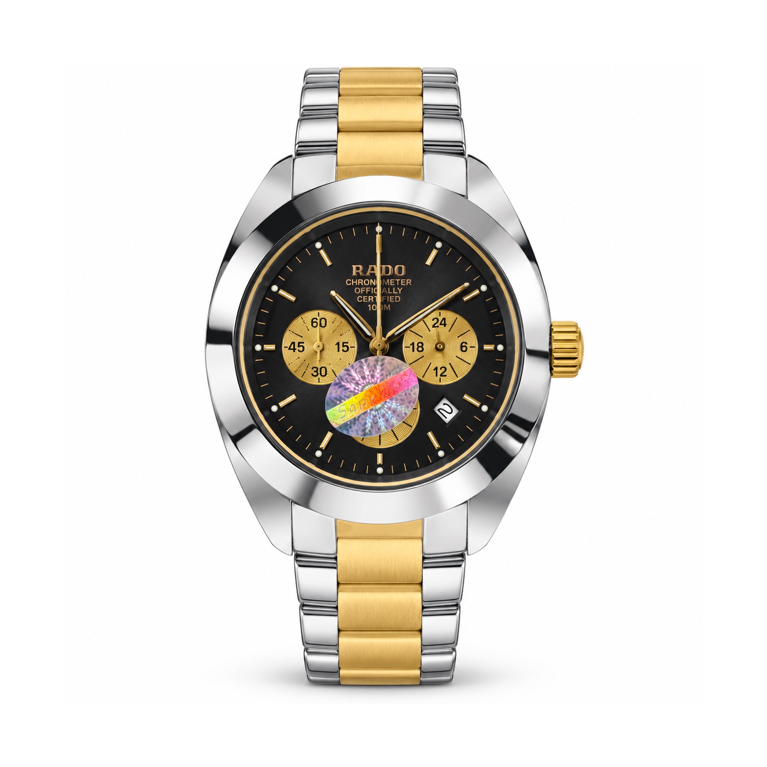 tp-b2-studio-20261022-09-rado-black-dial-gold-subdials-two-tone Rado — Black Dial, Gold-Tone Subdials & Two-Tone Bracelet — front view on white background