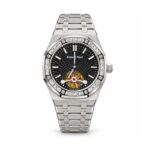 Audemars Piguet — Black Textured Open-Heart Dial, Stone-Style Bezel & Bracelet — front view on white background