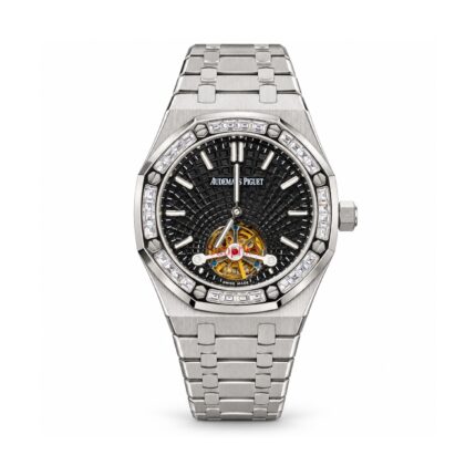 Audemars Piguet — Black Textured Open-Heart Dial, Stone-Style Bezel & Bracelet — front view on white background