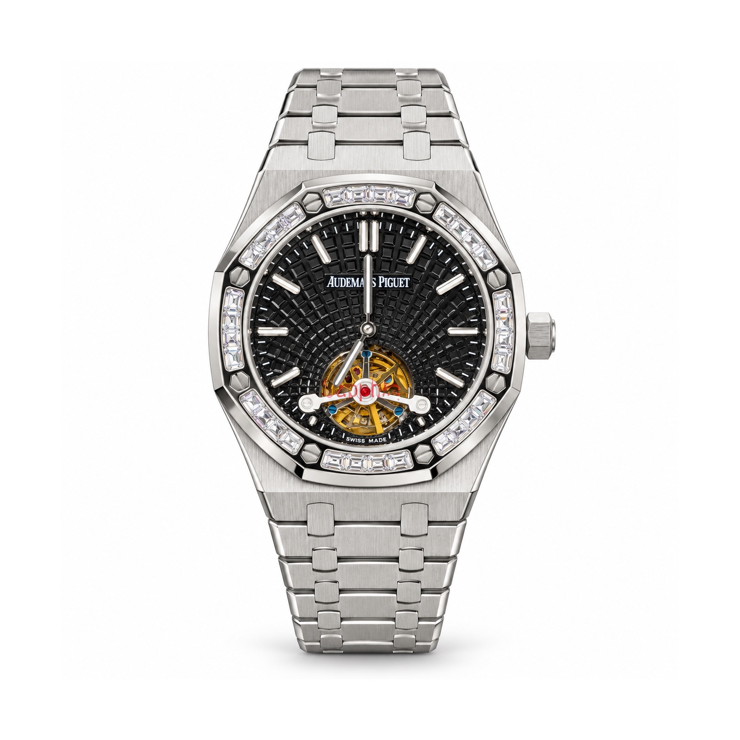 tp-b2-studio-20261022-11-ap-black-textured-stone-bezel-open-heart Audemars Piguet — Black Textured Open-Heart Dial, Stone-Style Bezel & Bracelet — front view on white background