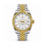 Rolex — White Inner-Ring Dial, Gold-Tone Fluted Bezel & Two-Tone Bracelet — front view on white background