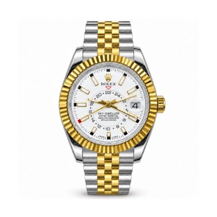 Rolex — White Inner-Ring Dial, Gold-Tone Fluted Bezel & Two-Tone Bracelet — front view on white background