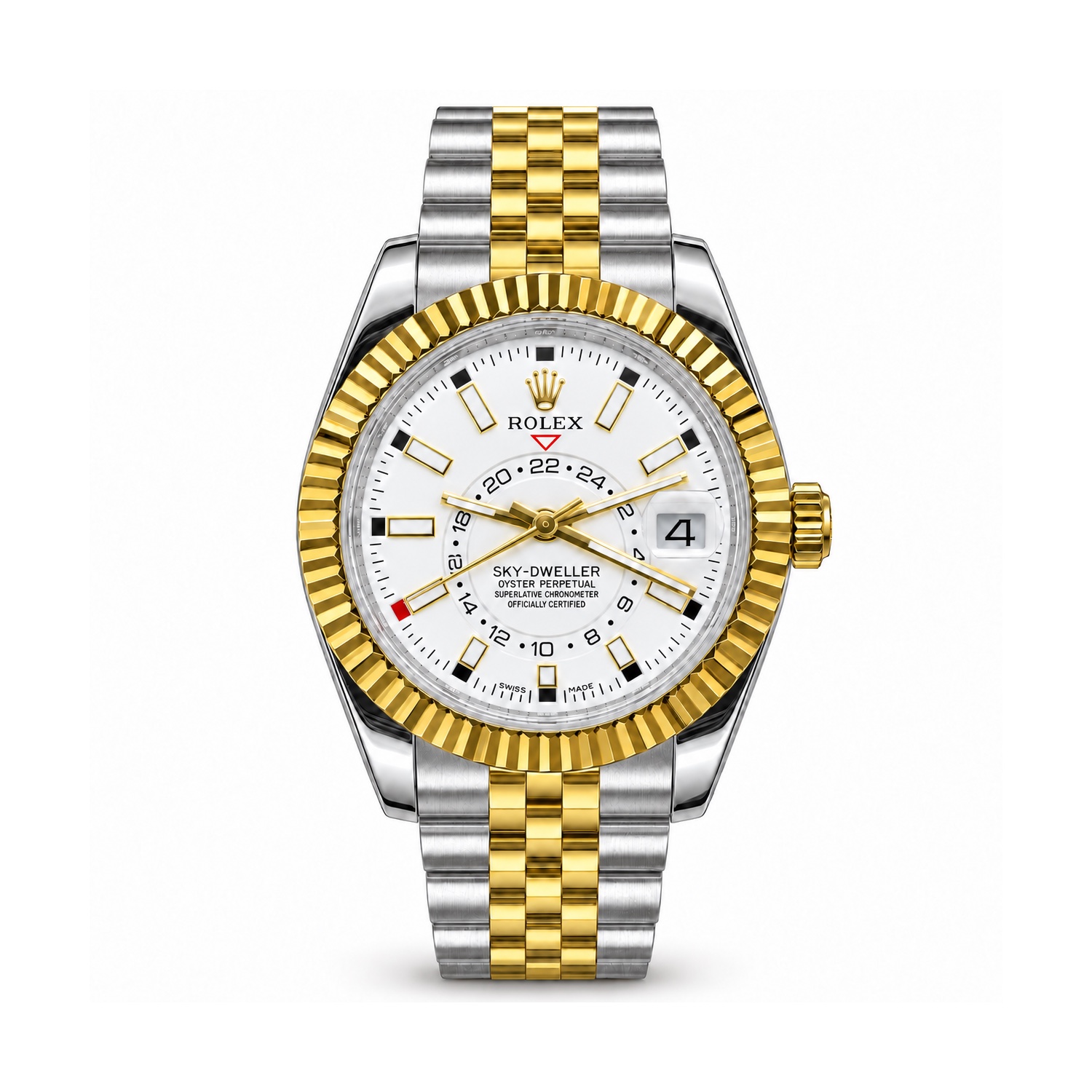 tp-b2-studio-20261022-14-rolex-white-sky-dial-two-tone Rolex — White Inner-Ring Dial, Gold-Tone Fluted Bezel & Two-Tone Bracelet — front view on white background