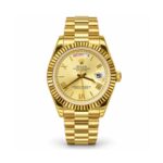 Rolex — Champagne Roman Dial & Gold-Tone Day-Date Design — front view on white background