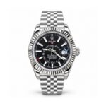 Rolex — Black Inner-Ring Dial, Fluted Bezel & Silver-Tone Bracelet — front view on white background