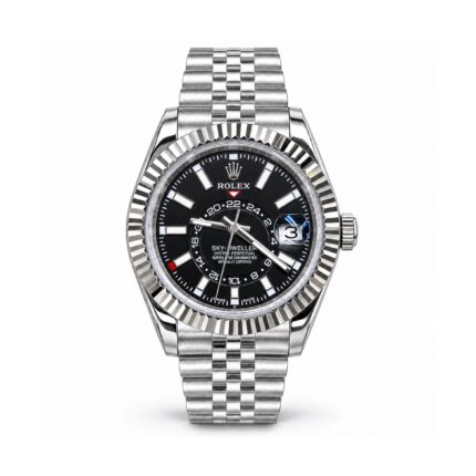 Rolex — Black Inner-Ring Dial, Fluted Bezel & Silver-Tone Bracelet — front view on white background