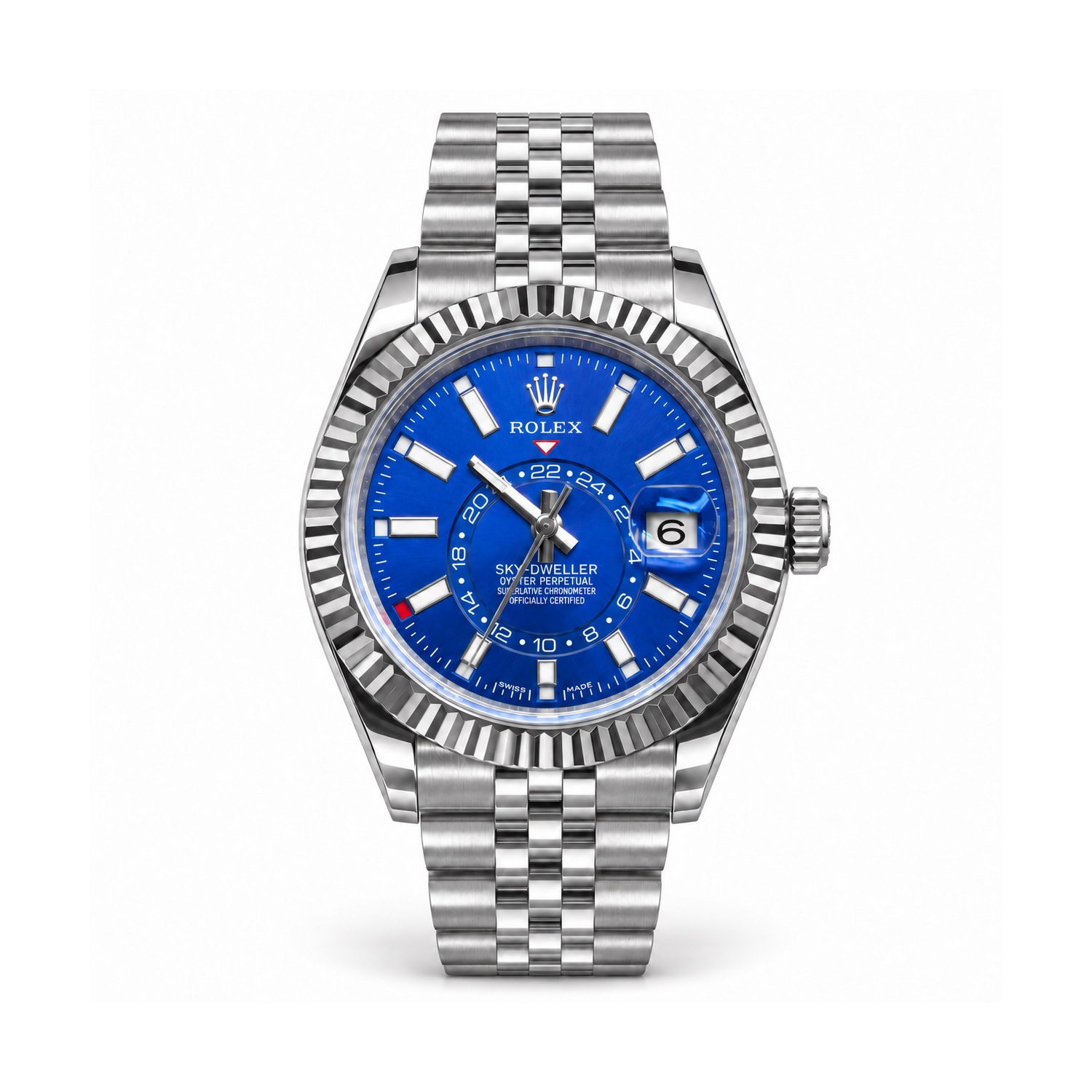 tp-b2-studio-20261022-17-rolex-blue-sky-dial-silver Rolex — Blue Inner-Ring Dial, Fluted Bezel & Silver-Tone Bracelet — front view on white background