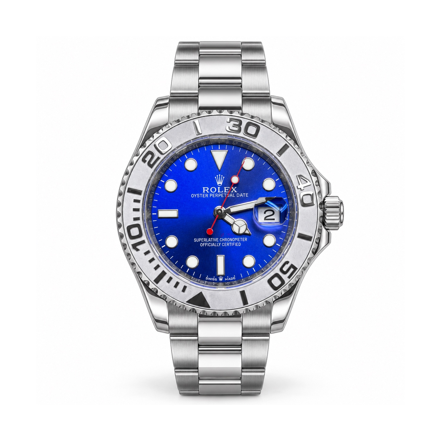 tp-b2-studio-20261022-18-rolex-blue-dial-silver-diver-bezel Rolex — Blue Dial, Silver-Tone Diver-Style Bezel & Oyster-Style Bracelet — front view on white background