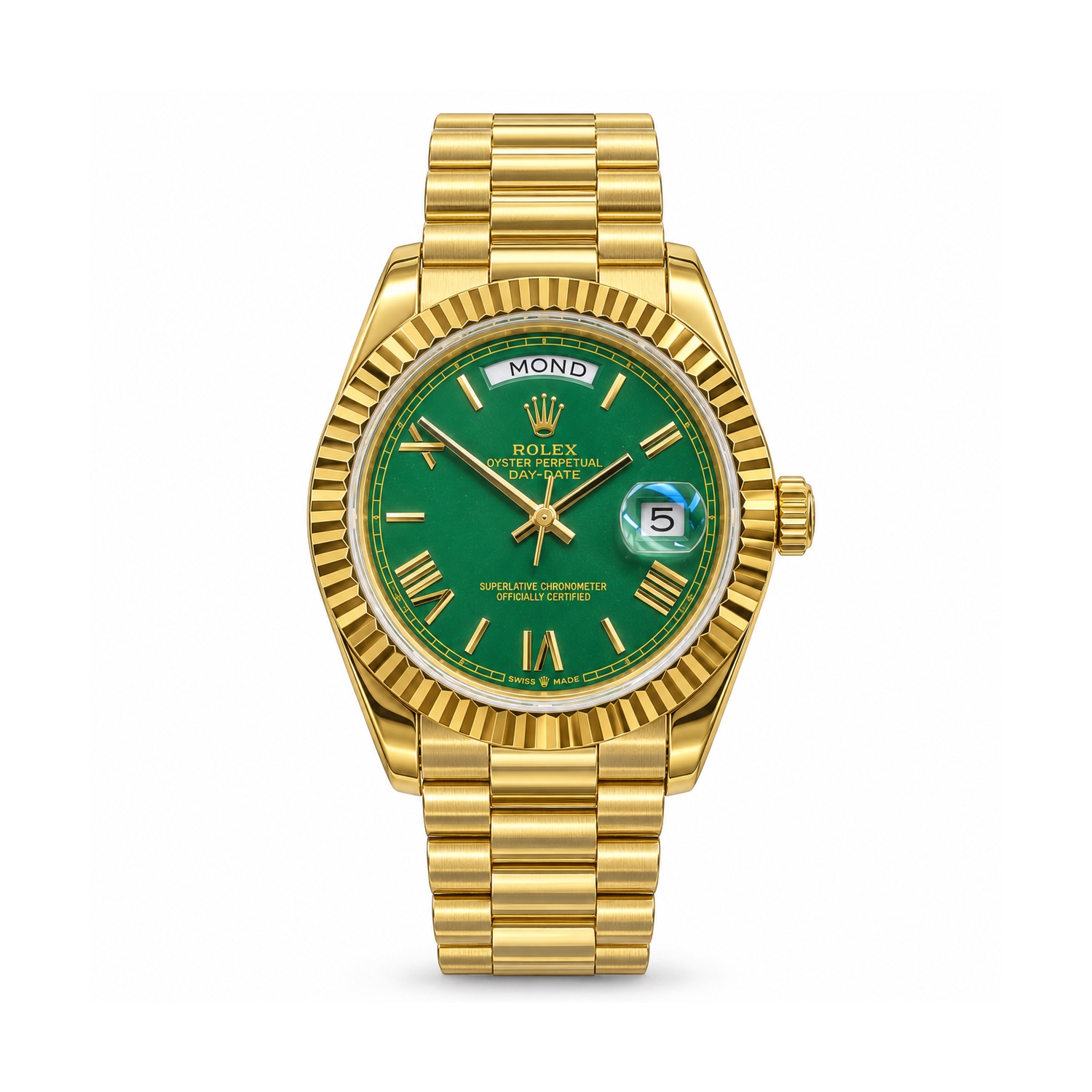 tp-b2-studio-20261022-19-rolex-green-roman-day-date-gold Rolex — Green Roman Dial & Gold-Tone Day-Date Design — front view on white background