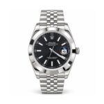 Rolex — Black Dial, Smooth Bezel & Silver-Tone Jubilee-Style Bracelet — front view on white background